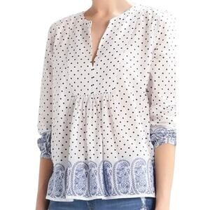 J. CREW White Blue Polka Dot Babydoll Paisley Floral Popover Blouse Top - Sz 6